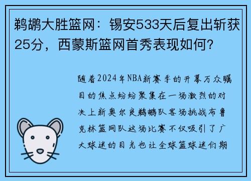 鹈鹕大胜篮网：锡安533天后复出斩获25分，西蒙斯篮网首秀表现如何？