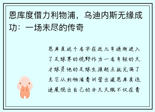 恩库度借力利物浦，乌迪内斯无缘成功：一场未尽的传奇