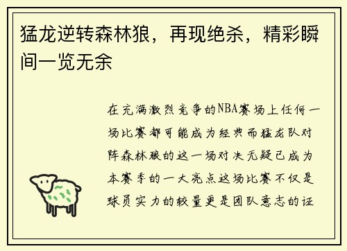 猛龙逆转森林狼，再现绝杀，精彩瞬间一览无余