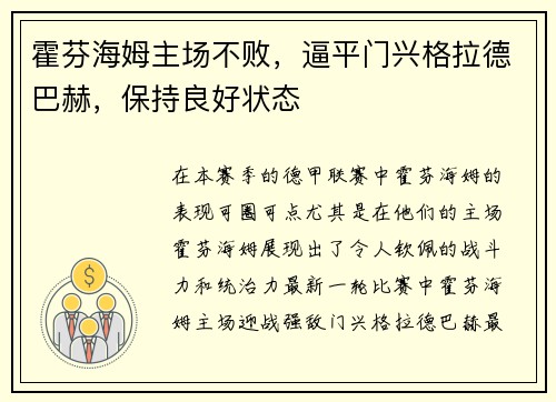 霍芬海姆主场不败，逼平门兴格拉德巴赫，保持良好状态