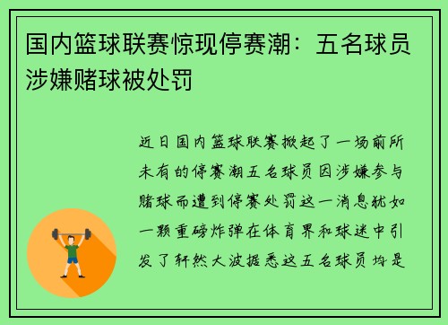 国内篮球联赛惊现停赛潮：五名球员涉嫌赌球被处罚