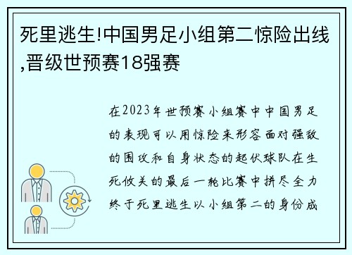 死里逃生!中国男足小组第二惊险出线,晋级世预赛18强赛
