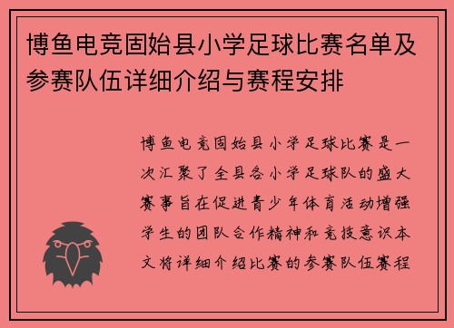 博鱼电竞固始县小学足球比赛名单及参赛队伍详细介绍与赛程安排